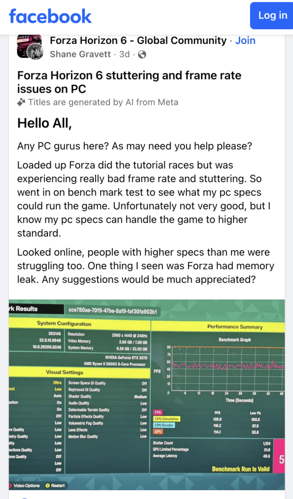 Facebook post about Forza issue.