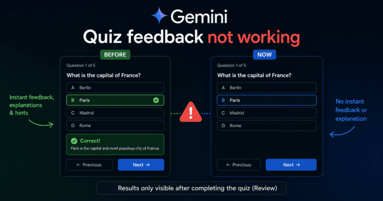 Google Gemini interactive quizzes not showing real-time feedback or explanations for some users