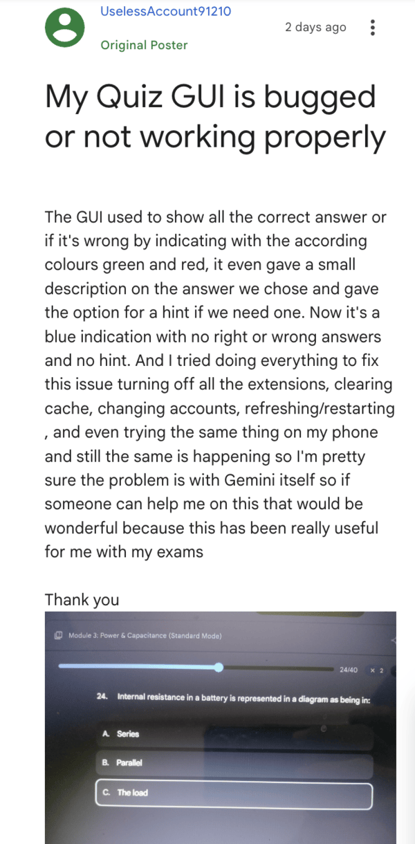 Interfaz de usuario de Gemini con errores.