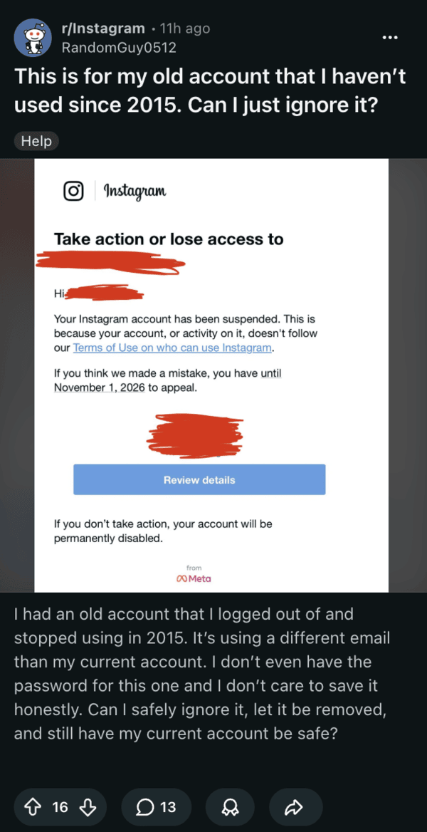 Error en el correo de Instagram.