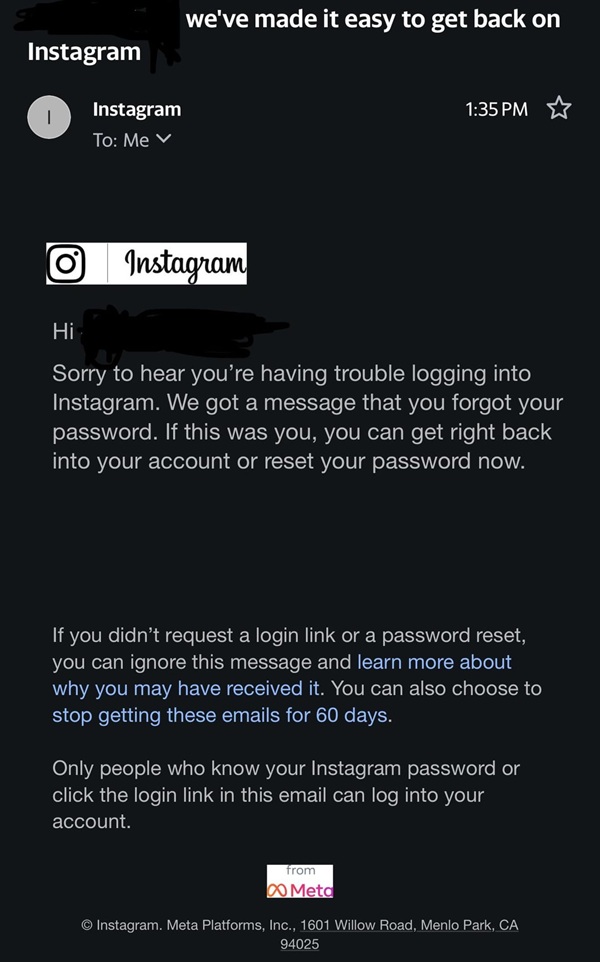 Correo electrónico de restablecimiento de contraseña de Instagram sin código y enlace
