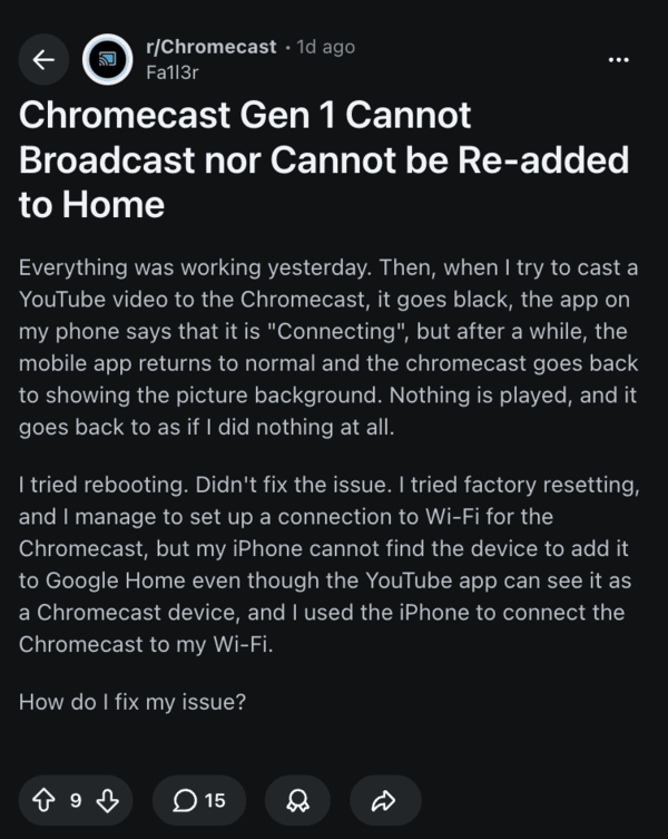 Chromecast Gen 1 issues.