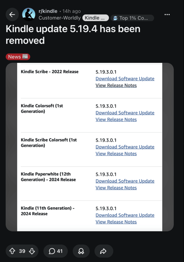 Amazon Kindle 5.19.4 removed.