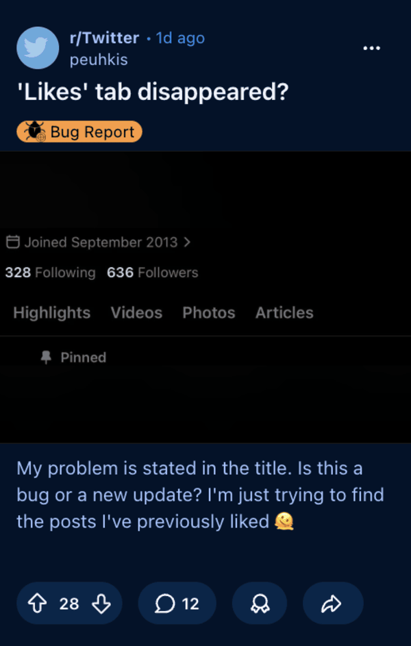 Reports on Reddit complaining of the missing Likes tab.