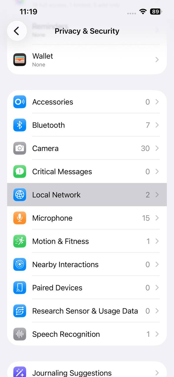 Local Network toggle iOS.