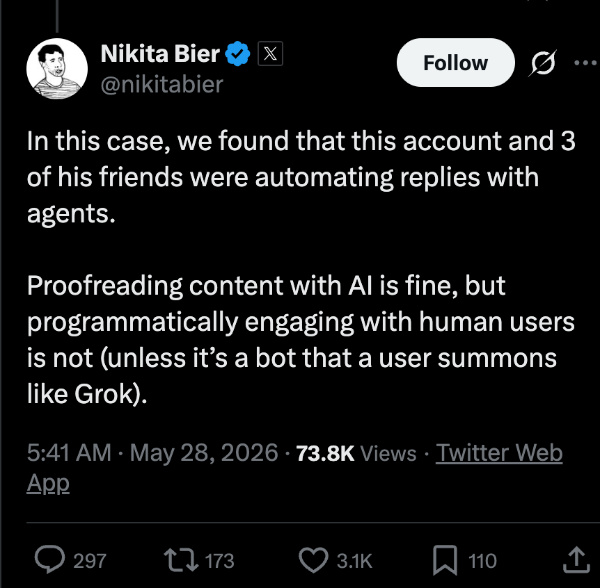 Nikita Bier post on X.