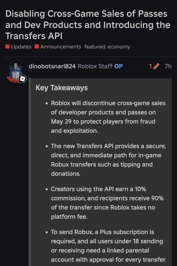 Anuncio oficial de Roblox sobre la desactivación de las ventas de pases entre juegos.