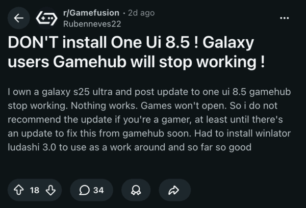 One UI 8.5 GameHub issue.