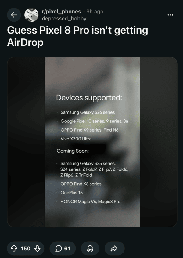 Pixel 8 Pro no obtiene AirDrop.
