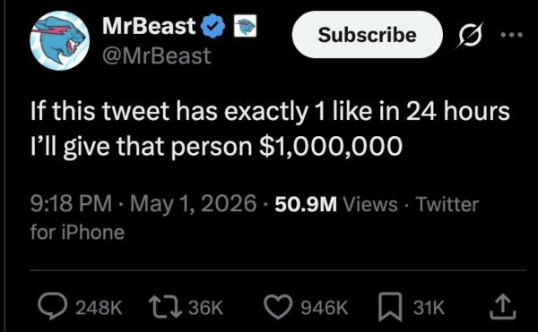 Publicación sobre un sorteo de MrBeast en X.