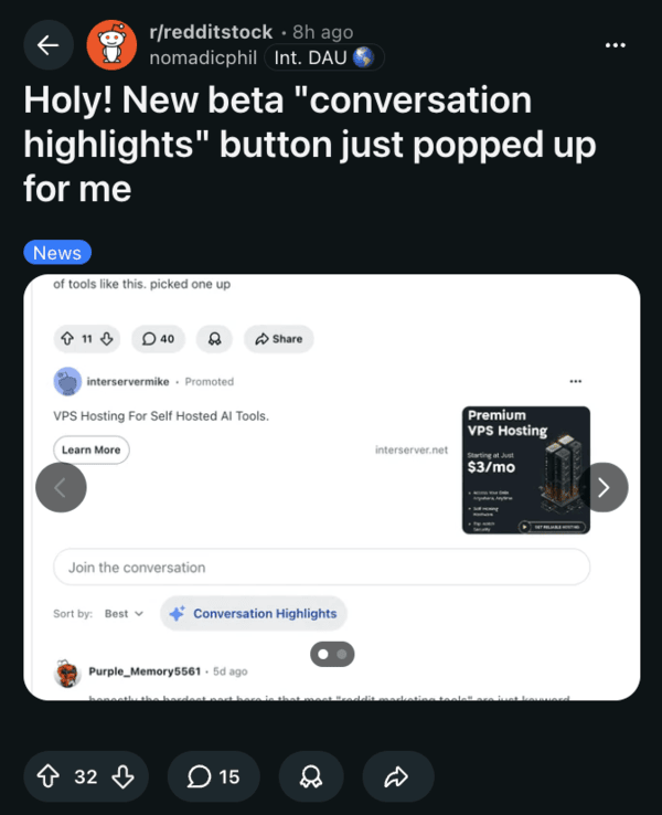 Post on Reddit about Conversation Highlights.