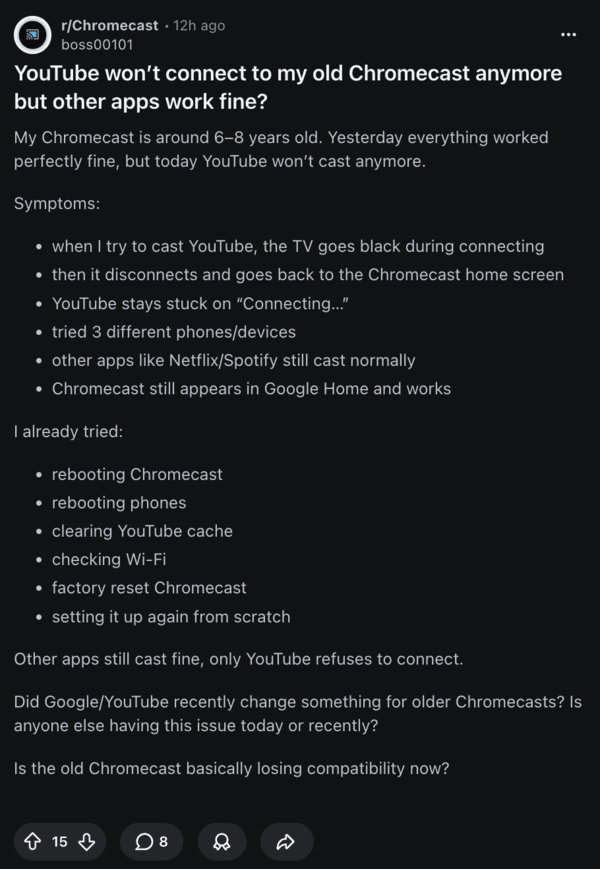 Chromecast Reddit post.