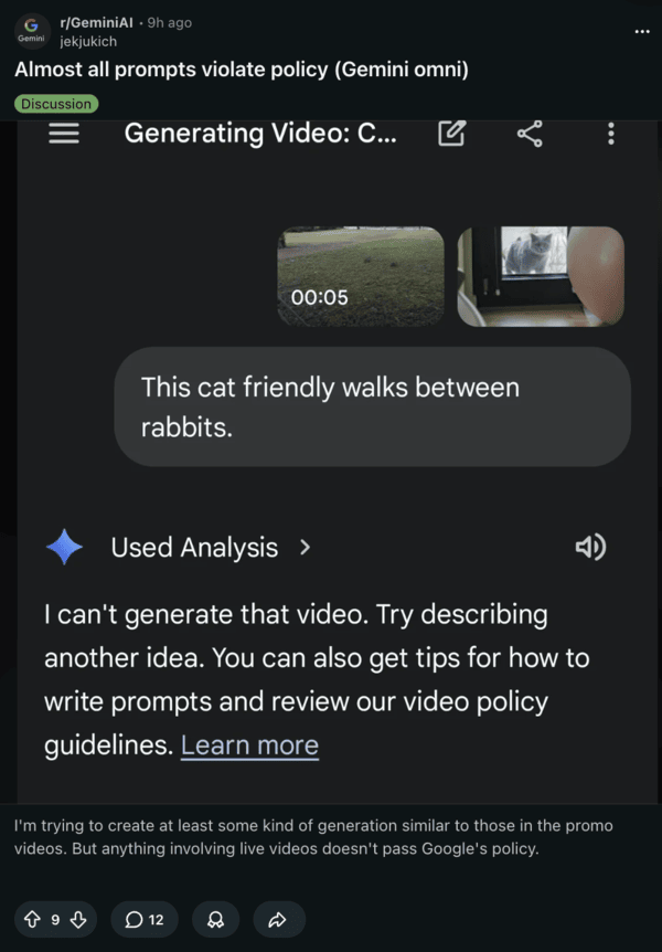 Publicación sobre el problema de Gemini Omni en Reddit.