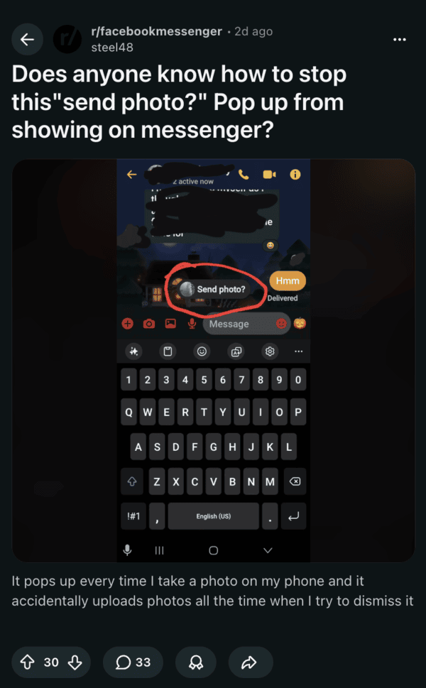 Publicación en Reddit sobre el problema de Messenger.