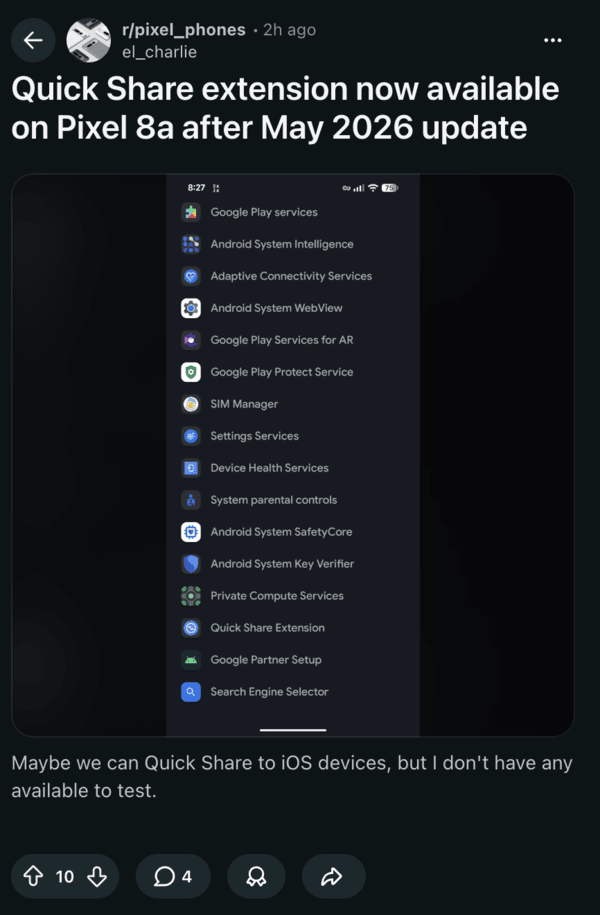 Extensión QuickShare en Pixel 8a.