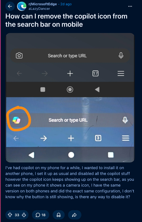 Reddit post about Copilot on Edge.