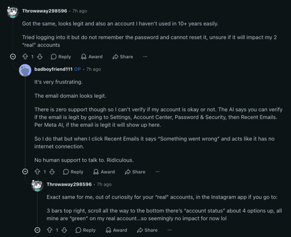 Comentarios de Reddit sobre el error de Instagram.