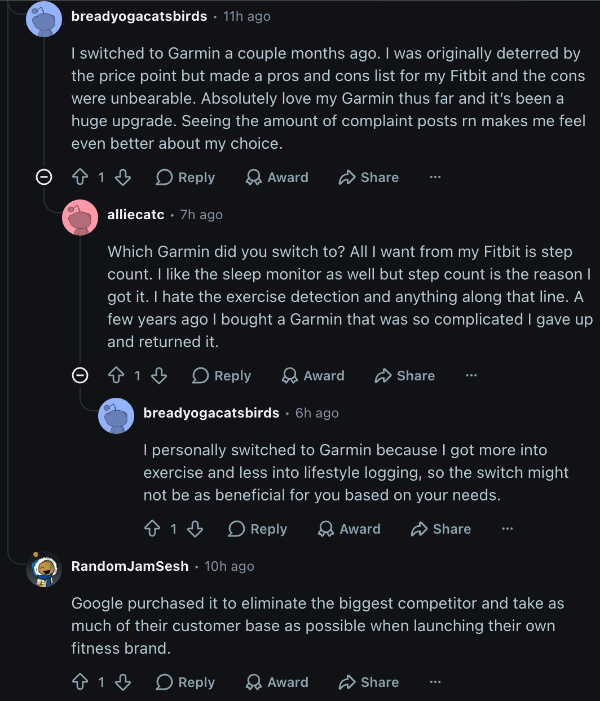 Reddit comments switch to Garmin from Fitbit.