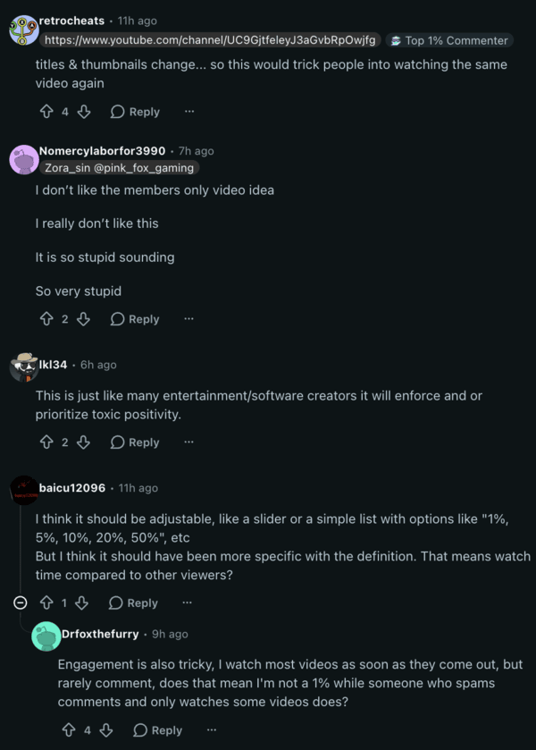Comentarios de Reddit sobre la nueva función de YouTube.