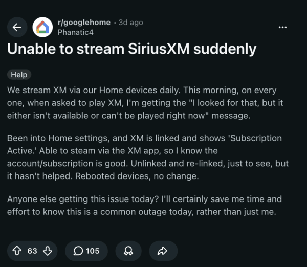 Reddit post about SiriusXM.