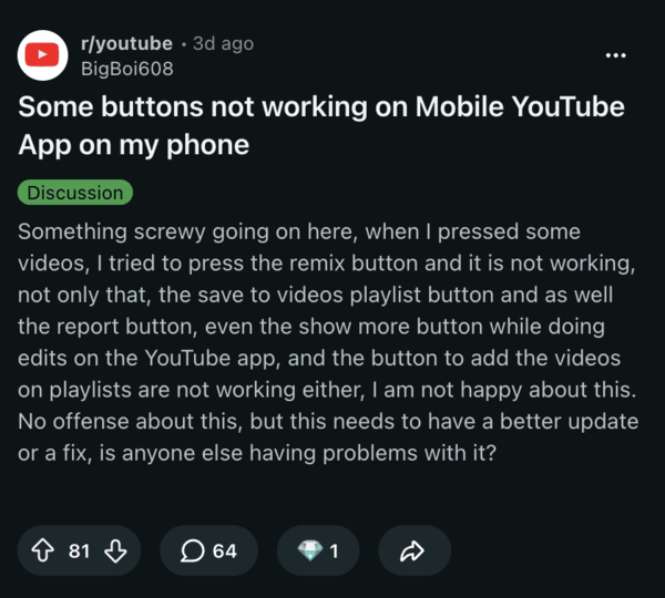 Buttons on YouTube not working.