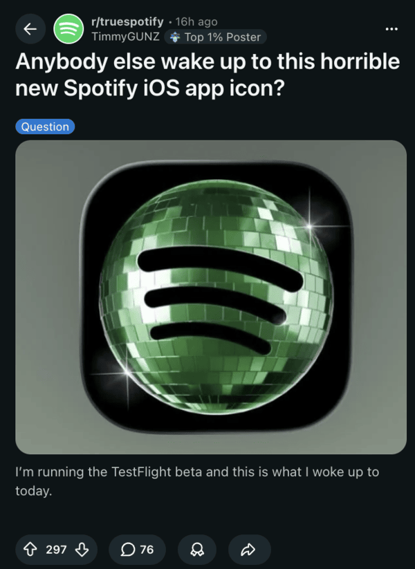 Publicación de Reddit muestra el nuevo logotipo de Spotify.