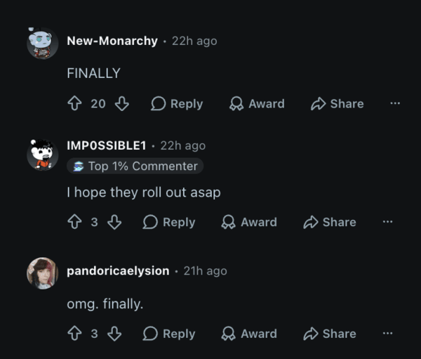 Reactions from users.