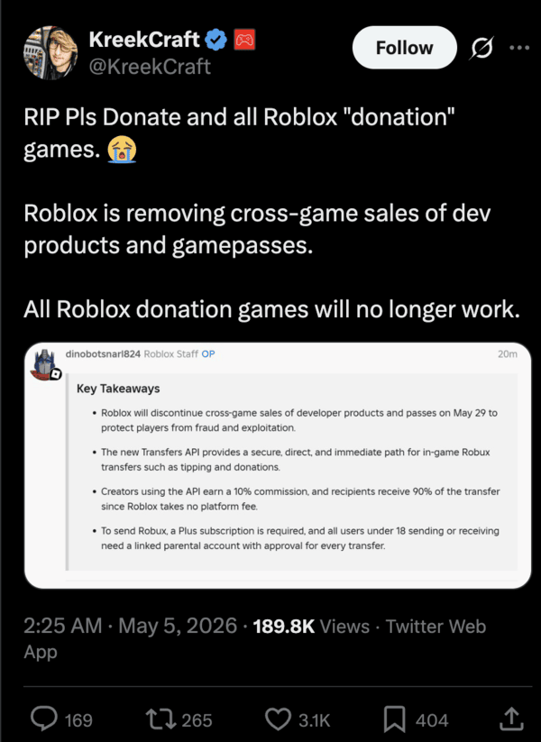 Juego Pls Donate impactado.