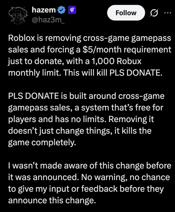 Publicación del creador de Pls Donate.