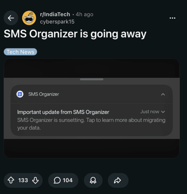 Reddit post about SMS Organizer shutdown.