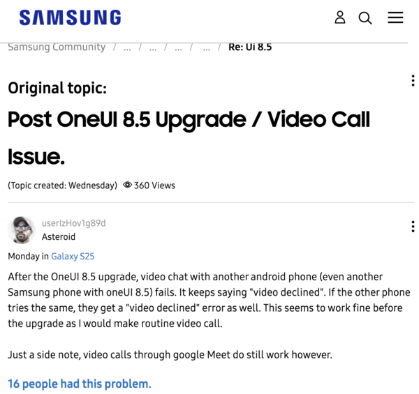 Samsung One UI 8.5 video call issue. 