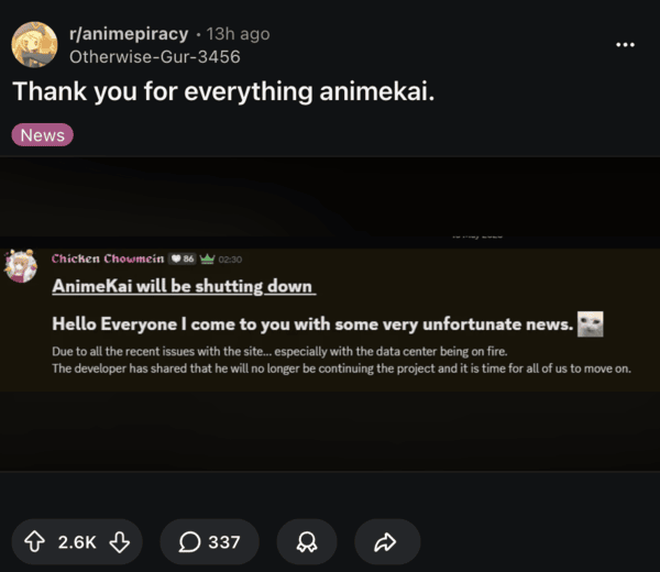 Publicación de agradecimiento de AnimeKai en Reddit.