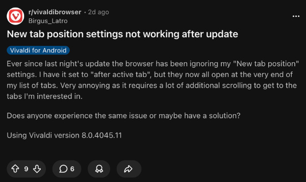 Vivaldi tab issues Reddit post.
