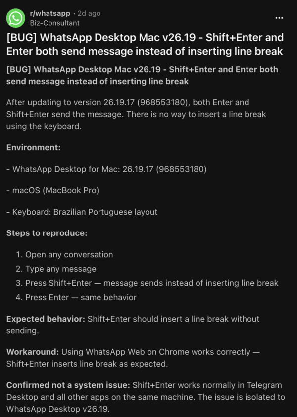 WhatsApp Reddit macOS bug.