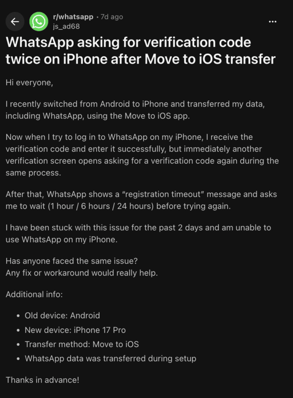 Publicación en Reddit sobre el error de WhatsApp.