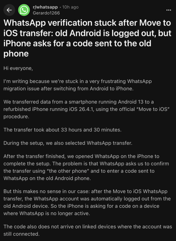 Error en el código de verificación de WhatsApp en Reddit.
