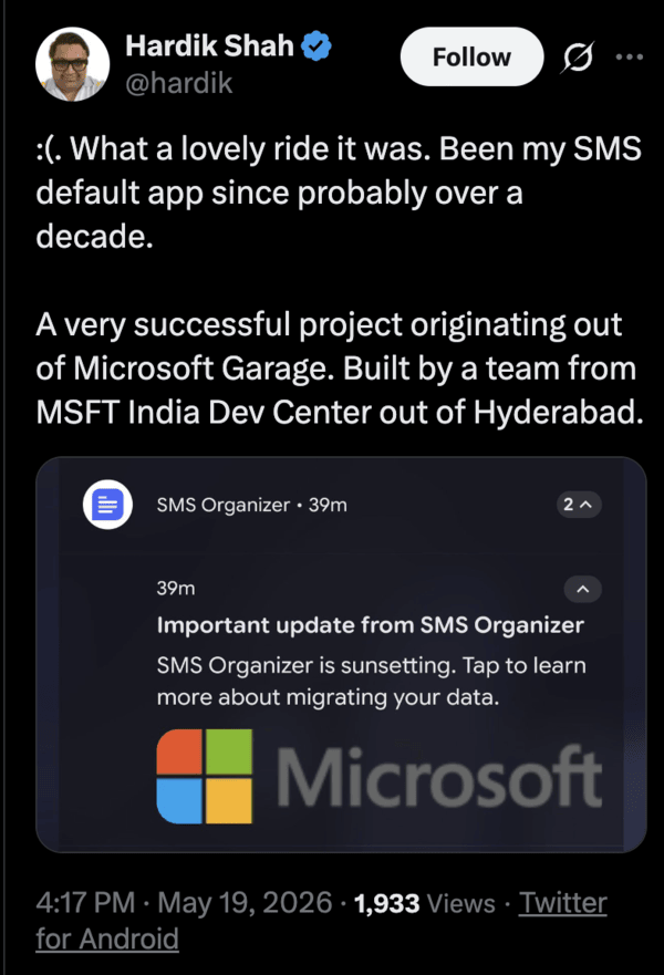 SMS Organizer shutdown post on X.