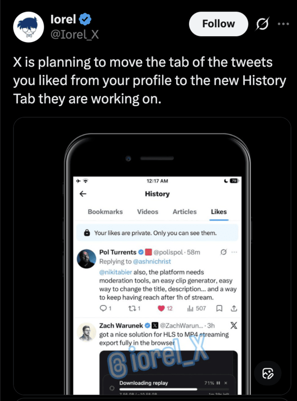 X is working on a new History tab.