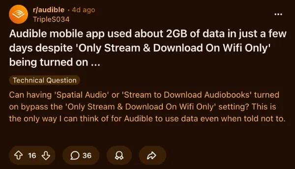 queja sobre el uso de datos de la app audible en android