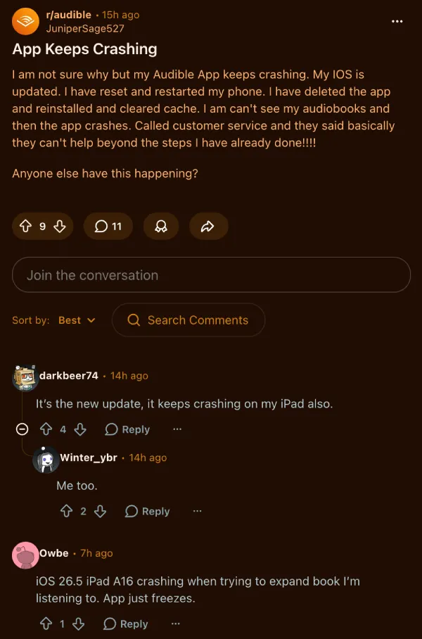 queja sobre el cierre de audible en ipad reddit