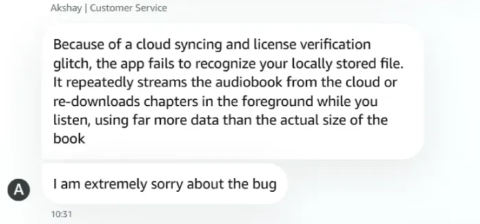 explicación del error de datos en android por el soporte de audible