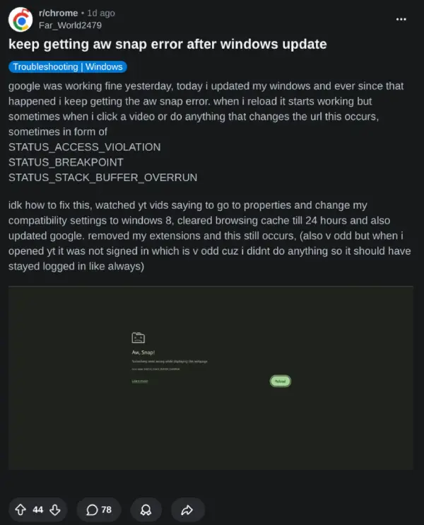 Chrome users report 'Aw snap' crashes after Windows update