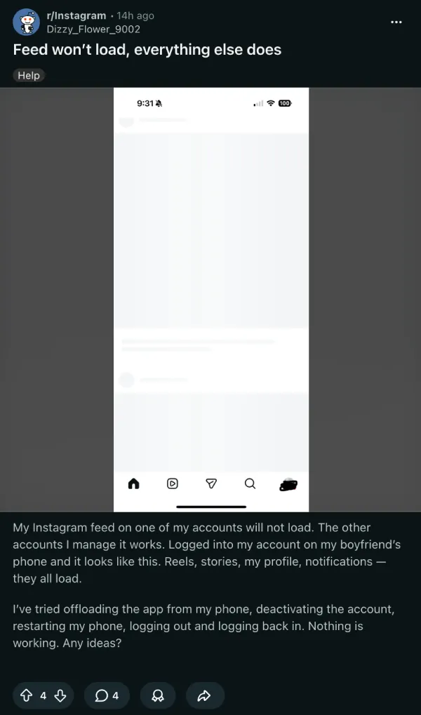informe de página en blanco del feed de Instagram