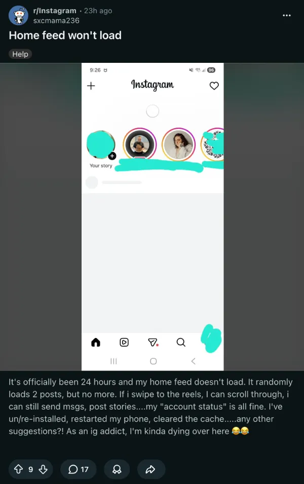 error de carga del feed de Instagram