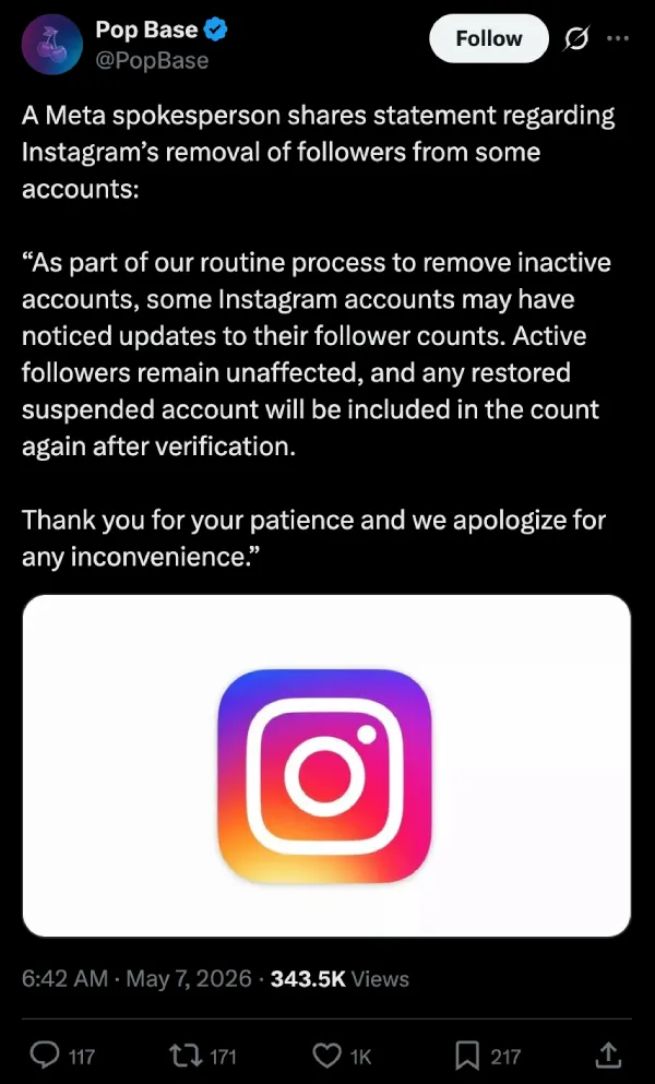 declaración de caída de seguidores de Meta en Instagram