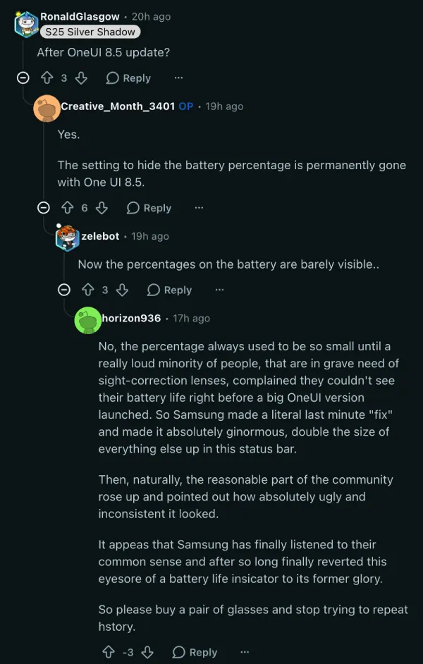 Samsung One UI 8.5 update removes option to hide battery percentage ...