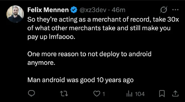 respuesta sobre la responsabilidad de contracargos para desarrolladores de Google Android