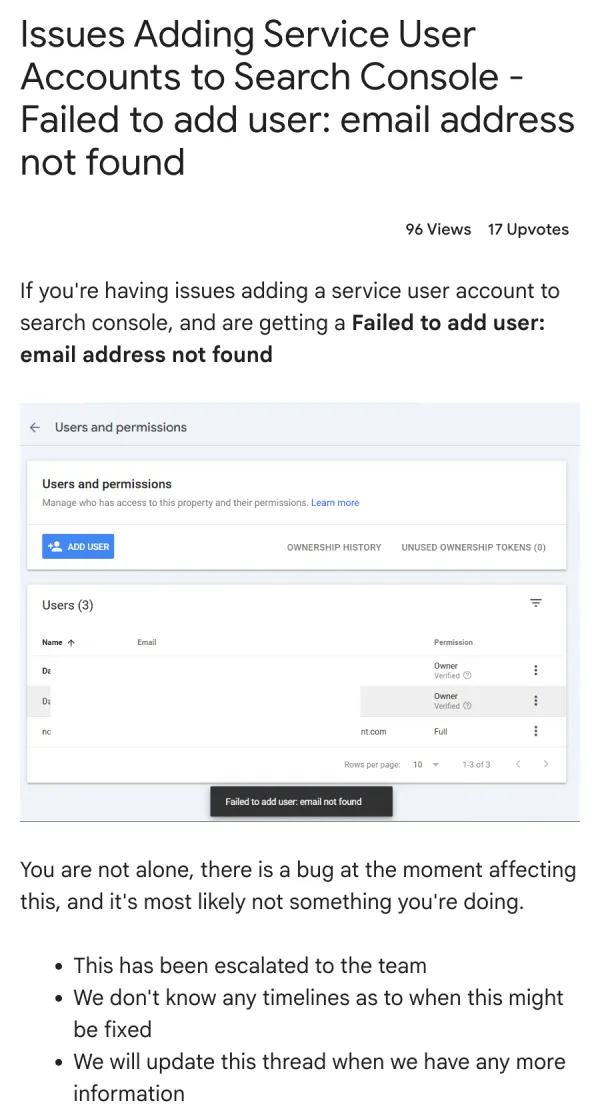 email no encontrado en search-console escalado