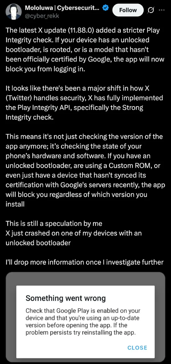 Informe de actualización de integridad de X