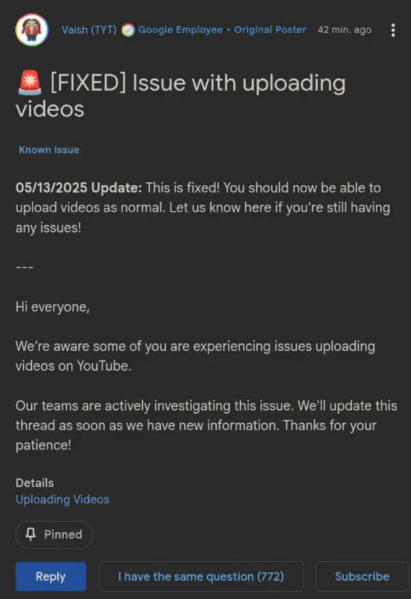 problema de subida de YouTube solucionado